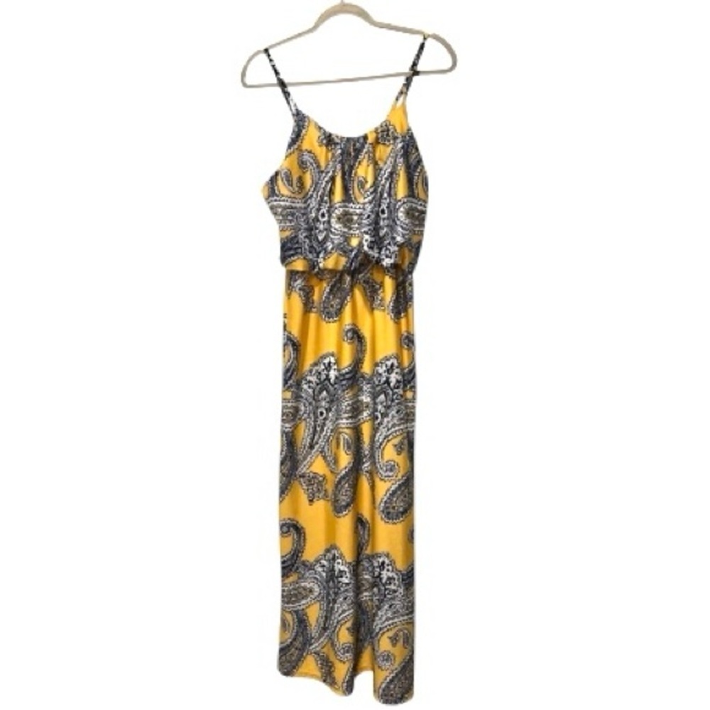 Magic Yellow Paisley Maxi Dress Size M • Adjustable Straps • Boho Preppy
